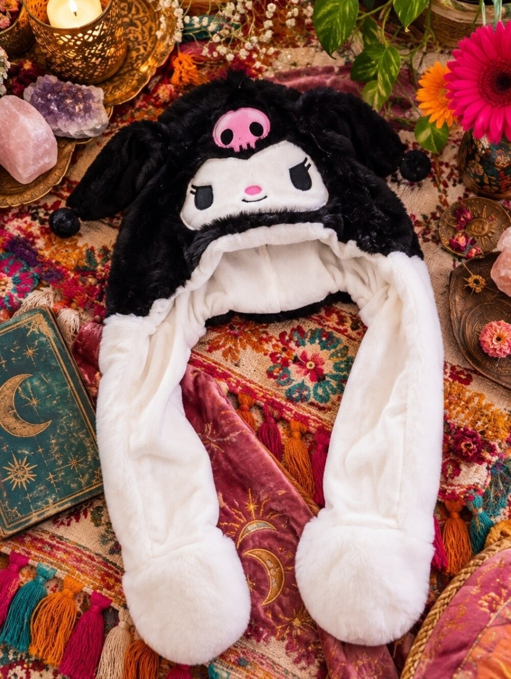 4/$15 Kuromi Sanrio Hat Moving Ears Plush Scarf Kawaii Sanriocore Y2K Novelty